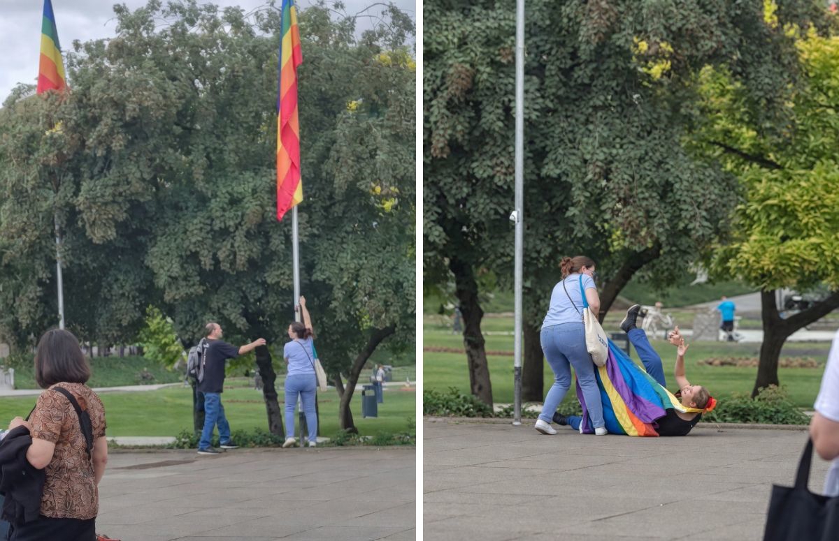 VIDEO Žena skinula LGBT zastave u Zagrebu, muškarac je pokušao spriječiti