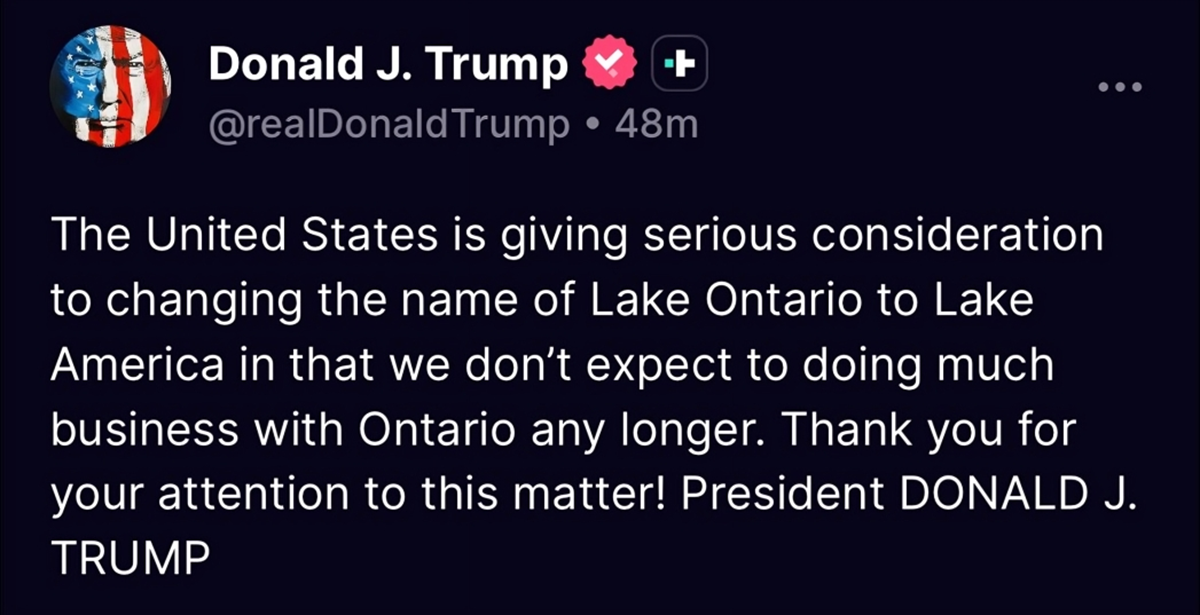 Trump: Ozbiljno razmatramo promjenu imena jezera Ontario u jezero Amerika